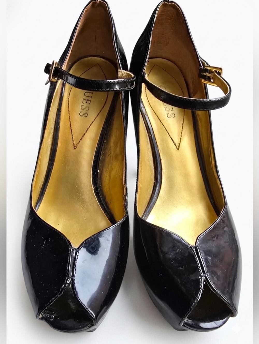 Iconic Vintage Guess Black Patent Leather Peep-Toe Mary Jane Heels 7.5 - Picture 2 of 10